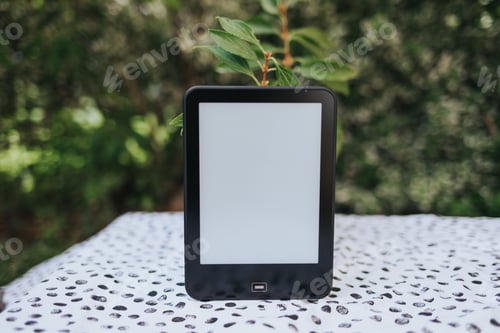Preview: Selective focus shot of an e-book reader on a table with a bokeh background