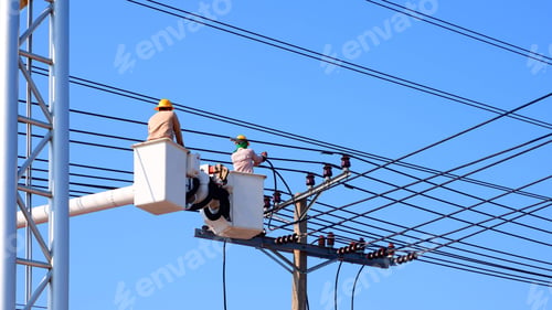 Preview: Two electricians on bucket boom truck installing electrical system on power pole against blue sky