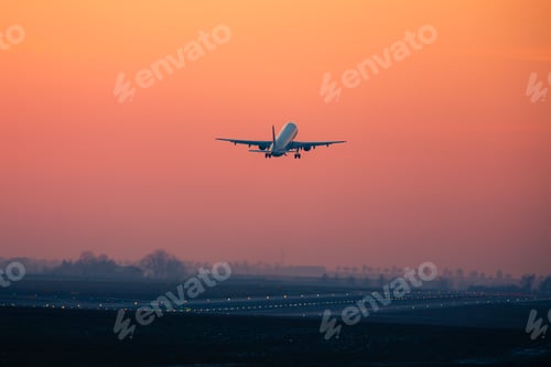 Preview: Passenger airplane taking off from airport runway at sunset