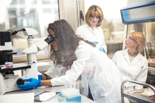 Preview: Photo of real female scientist looking into a microscope, photo taken behind the glass.