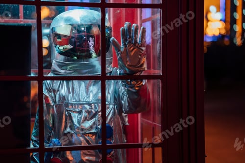 Preview: Spaceman standing in a telephone box at night