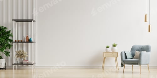 Preview: Colorful interior with a pink armchair on empty white wall background.