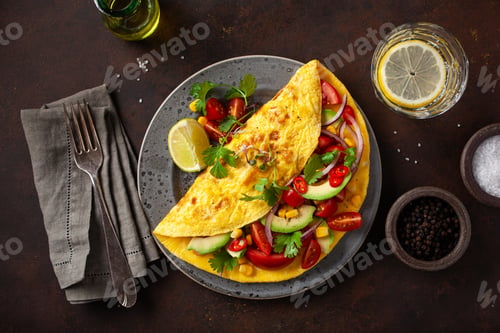 Preview: omelette with tomato, avocado onion chili and sweet corn. healthy keto diet low carb breakfast