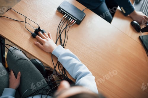 Preview: Top view. Girl passes lie detector in the office. Asking questions. Polygraph test