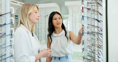 Preview: Women, vision and working with help for glasses or optometry, service for health in shop. Female pe