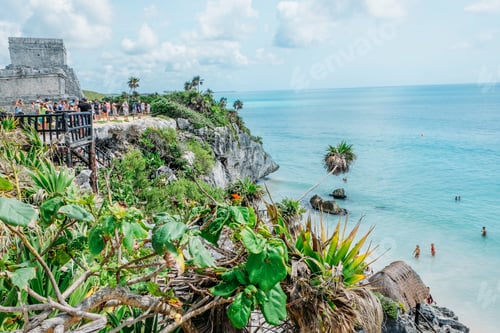Tropical Beach and Mayan Ruins on Sunny Day