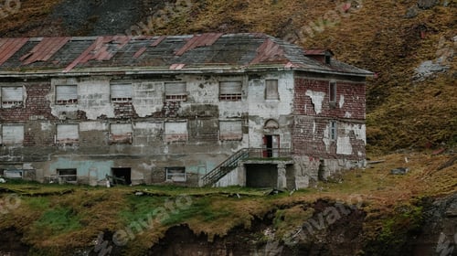 Preview: Abandoned building at Grumant settlement in Svalbard surrounded by nature