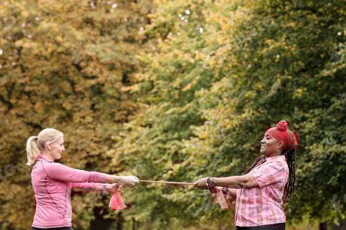 Preview: Two mature women using resistance band outdoors.