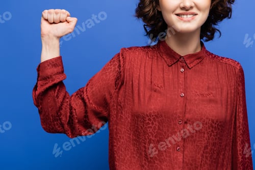 Preview: cropped view of smiling sign language teacher showing power gesture isolated on blue