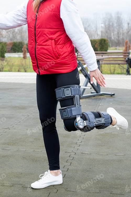 Preview: Woman wearing knee brace or orthosis after leg surgery working out in the park