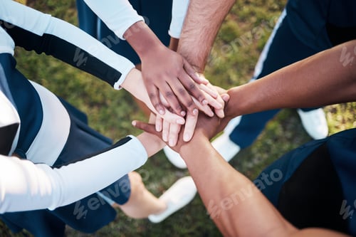 Preview: Hands, together and people in sports huddle for support and solidarity in athlete team with top vie