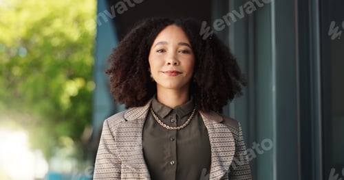 Preview: Happy, city and portrait of business woman with confidence, ambition and company pride on balcony.