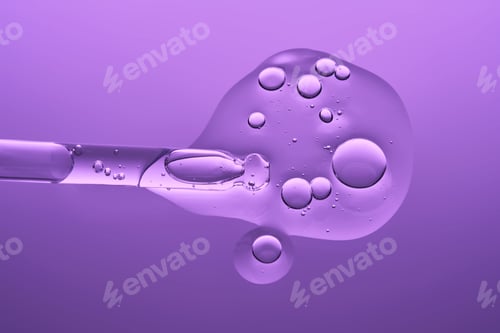 Preview: The texture of a serum with microneedles and a cosmetic pipette on a lilac background.