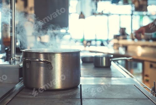 Preview: Steaming Pot Cooking on Stove in Restaurant Kitchen