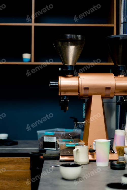 Preview: coffee roasting factory in kitchen there is a coffee grinder with all the paraphernalia for testing