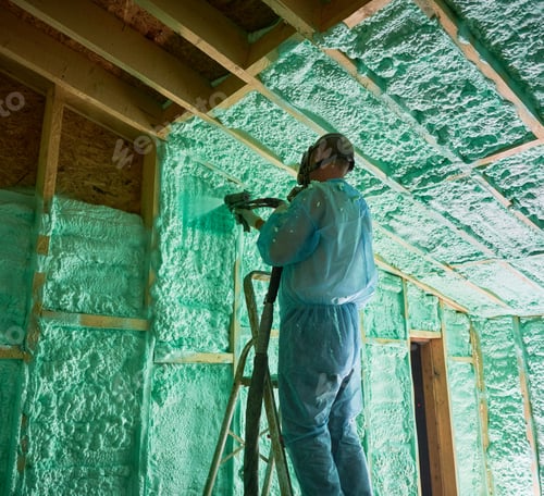 Preview: Worker spraying polyurethane foam for insulating wooden frame house.