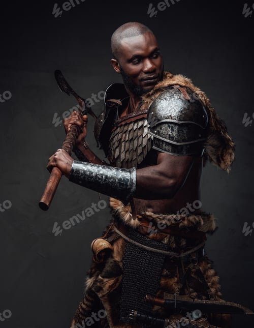Preview: Aggressive and dangerous black skinned barbarian with axe