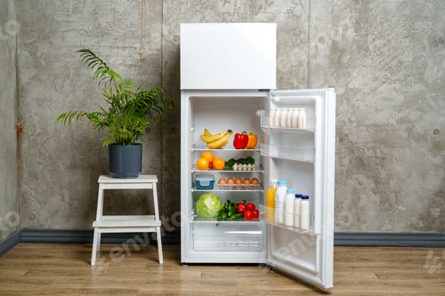 Preview: White Refrigerator With Open Door Showing Food Inside, Grey Concrete Wall, Wooden Floor, and Plant