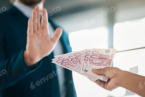 Preview: Money, euros and hand of a businessman saying stop fraud, corruption and money laundering in the co