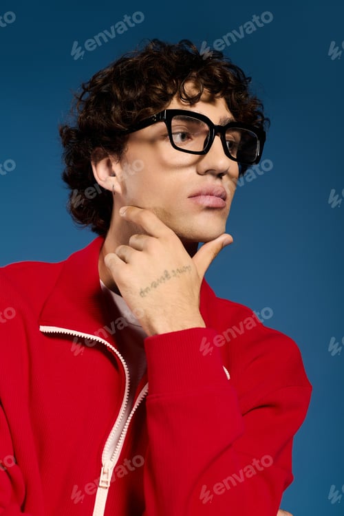 Preview: Young man showcasing modern fashion and unique style in a vibrant setting