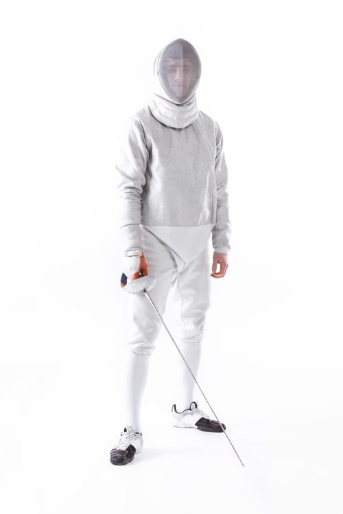 Preview: serious fencer in uniform holding rapier in hand isolated on white