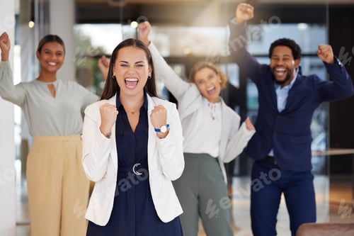 Preview: Celebration, winner and excited business people in office with winning, startup success and leaders
