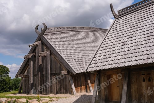 Preview: Detail of a wooden construction, inspired by the Viking architecture of northern Europe.