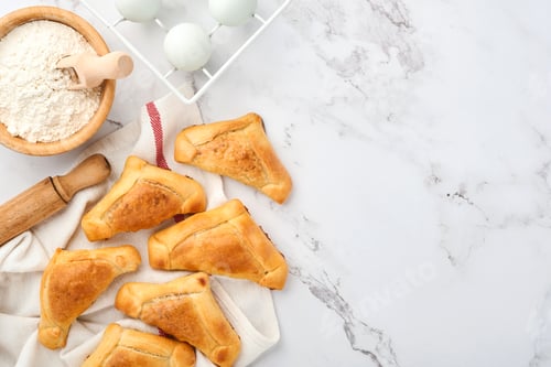 Preview: Fried empanadas with cilantro, meat, egg, tomato and chili sauce on white background. Latin American