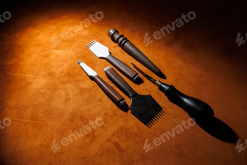 Preview: Production of handicrafts from genuine leather. Tools for making leather goods and pieces of brown