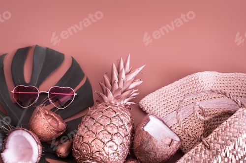 Preview: Summer tropical background with pineapple and summer accessories