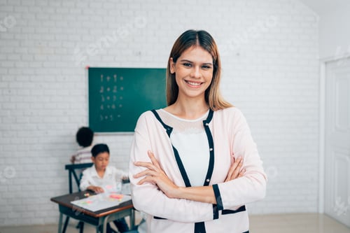 Preview: Happy school teacher and students having interesting engaging activities in class.