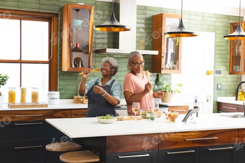 Preview: Senior African American woman and senior biracial woman are cooking together in a modern kitchen
