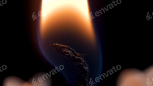 Preview: Close up detail of white wax lit candle flame and wick on isolated black background. andle lights