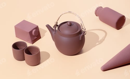 Preview: Clay teapot and abstract objects on beige background. Minimal stilll life isometric art