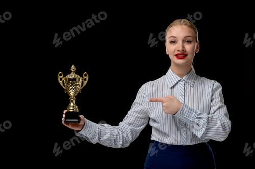 Preview: Business woman blonde smiling girl holding a golden prize with red lipstick in office outfit