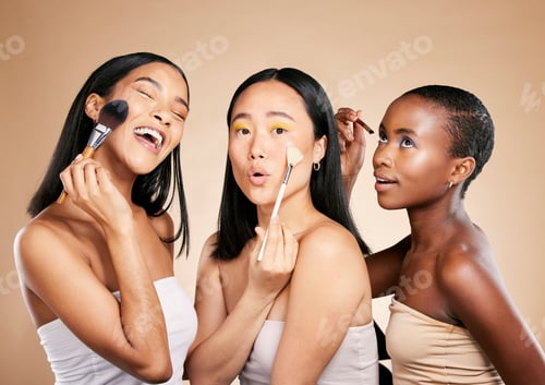 Preview: Beauty, makeup tools and women face skincare wellness, cosmetics dermatology and happiness in brown