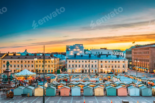 Preview: Helsinki, Finland. Christmas Xmas Market On Senate Square In Sun