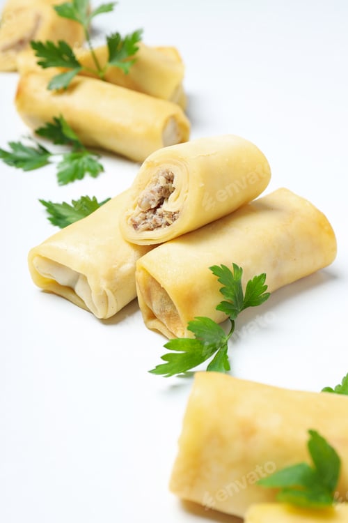 Preview: Concept of tasty food, thin pancakes with filling