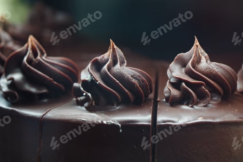 Preview: Chocolate cake decorated with creamy swirls in close-up view