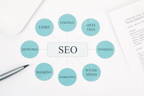 Preview: Seo business concept flow chart. Pen and touchpad on background