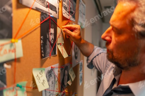 Preview: close up detective office middle aged investigator in shirt and tie standing near clue board for