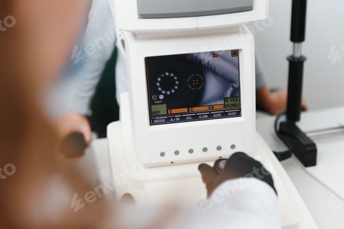 Preview: Close up of ophthalmologist using auto refractometer while examining child eyes.