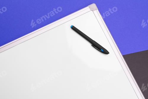Preview: Modern workplace with notebook, pen and calculator isolated on blue black background