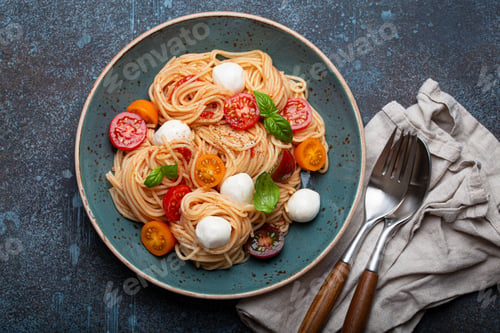 Plate of Pasta Salad with Tomatoes and Mozzarella