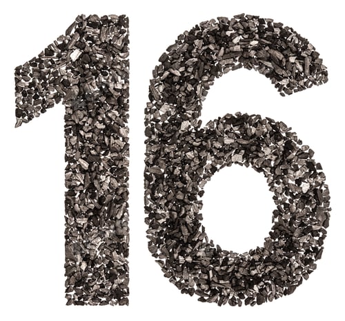 Preview: Arabic numeral 16, sixteen, from black a natural charcoal, isolated on white background