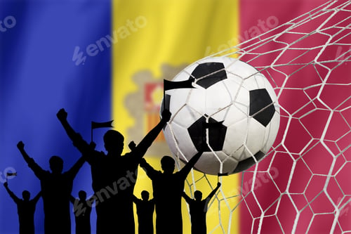 Preview: Silhouettes Of Soccer Fans With Flag Of Andorra.Cheer Concept