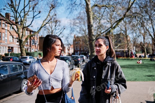 Preview: Trendy girlfriends with mesh bags walking in the park
