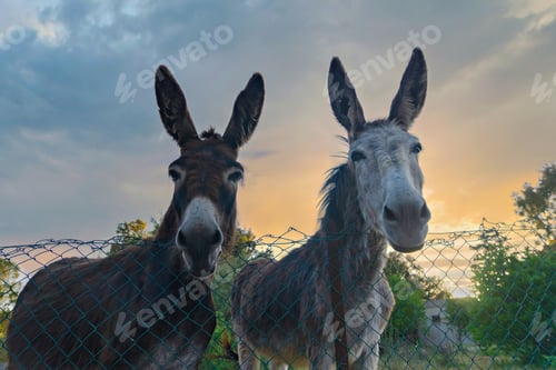 Preview: Funny donkeys pose for camera through fence of paddock against backdrop of sunset