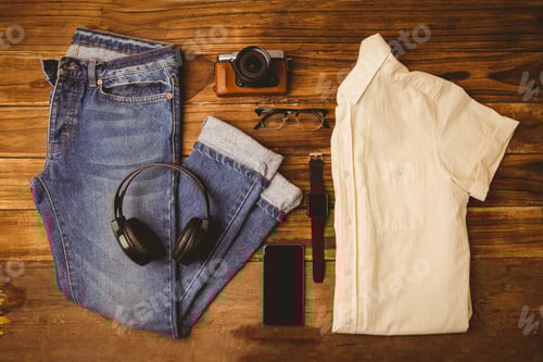 Preview: Differents objects using every days on wooden table