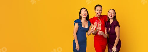 Preview: Three Elegant Ladies Having Party Clinking Champagne Glasses, Yellow Background